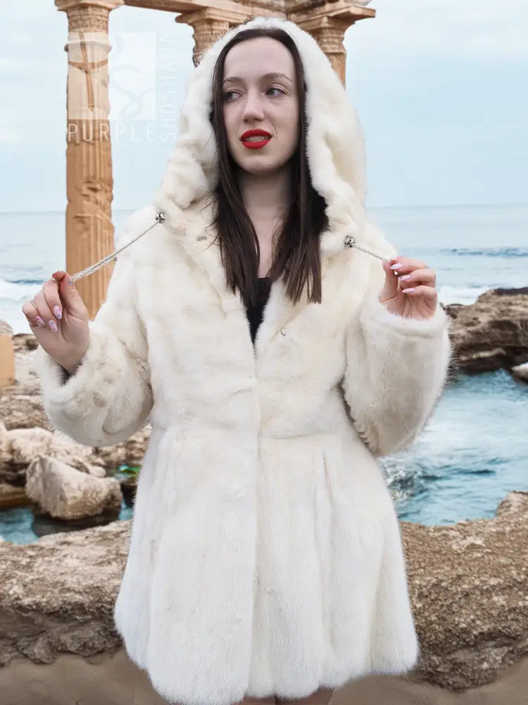 Women’s mink fur hooded coat, light beige, full hood with draped trim and chest buttons