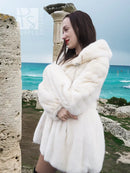 Women’s mink fur hooded coat, light beige, 3/4 side view with layered hood design