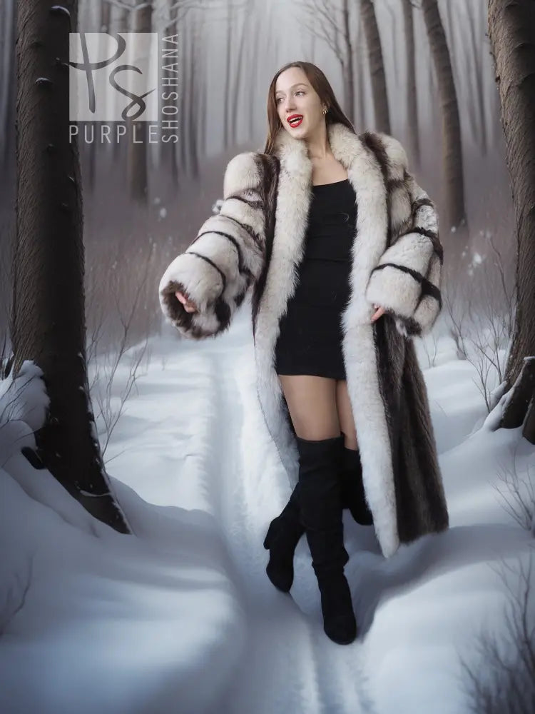 Long raccoon fur coat with white and dark stripes, fox-trim collar and cuffs, open front