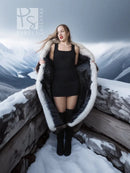 Full-length raccoon fur coat with fox trim, open front, and black-and-white striped fur
