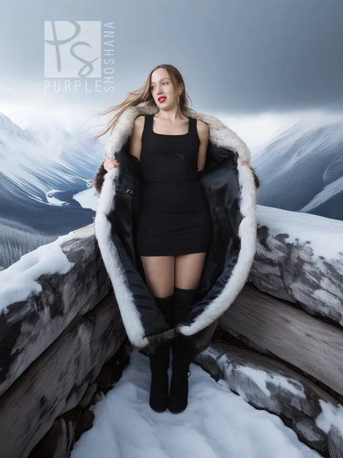 Full-length raccoon fur coat with fox trim, open front, and black-and-white striped fur
