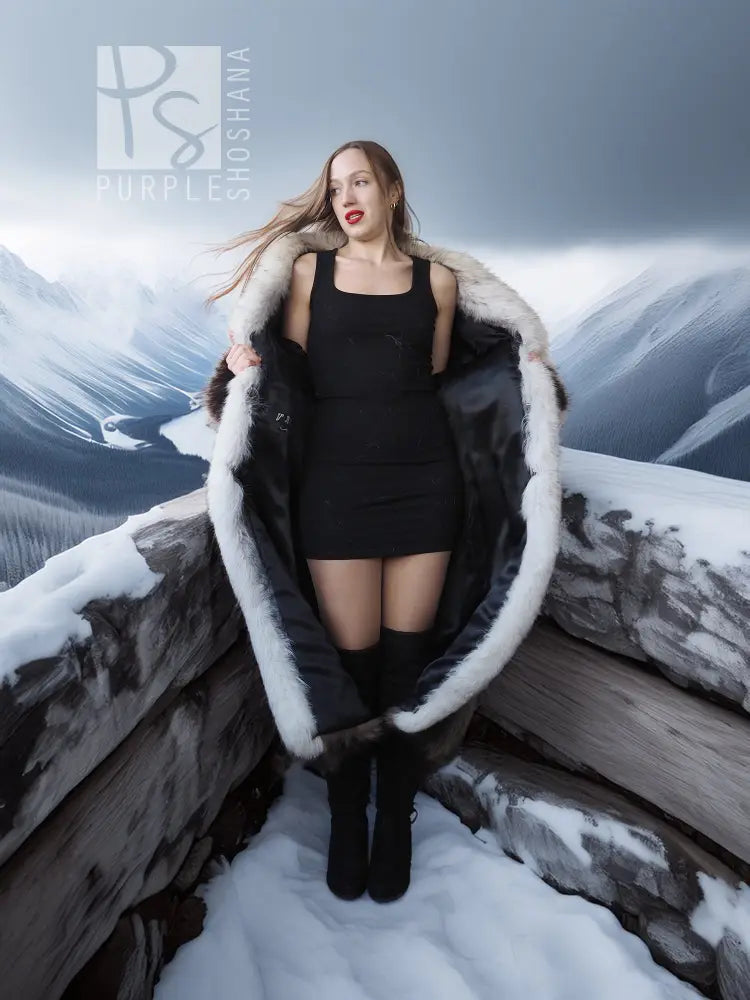 Full-length raccoon fur coat with fox trim, open front, and black-and-white striped fur
