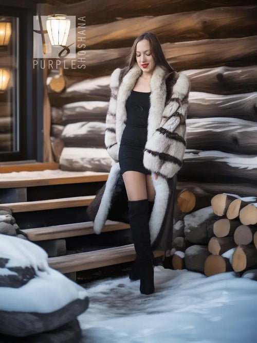 Front view of long raccoon fur coat with fox-trim collar, striped panels and dark waistline