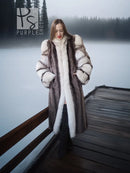 Raccoon fur coat with fox trim, voluminous sleeves, and dark-and-light striped fur