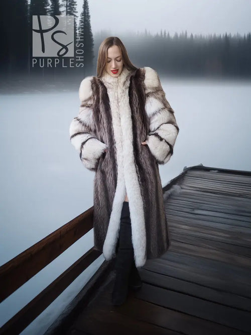 Raccoon fur coat with fox trim, voluminous sleeves, and dark-and-light striped fur