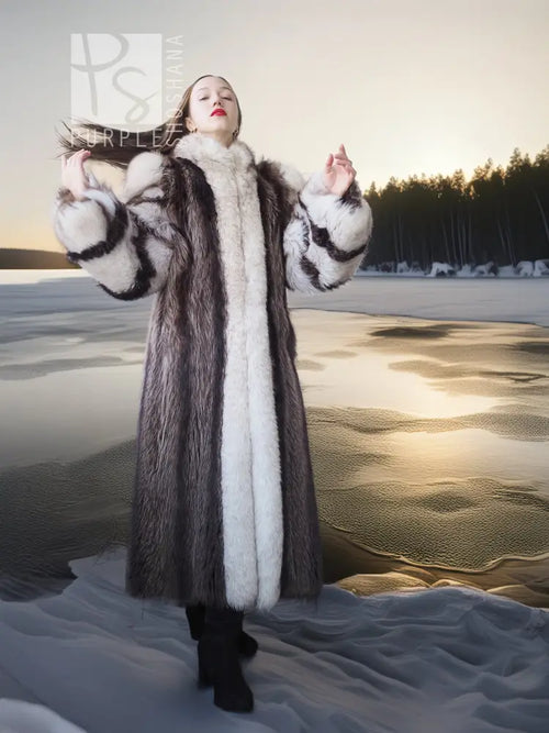Full-length raccoon fur coat with fox-trim collar and striped black-and-white panels