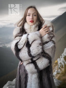 Close-up of long striped fur coat with fox-trim collar, dark and white bands