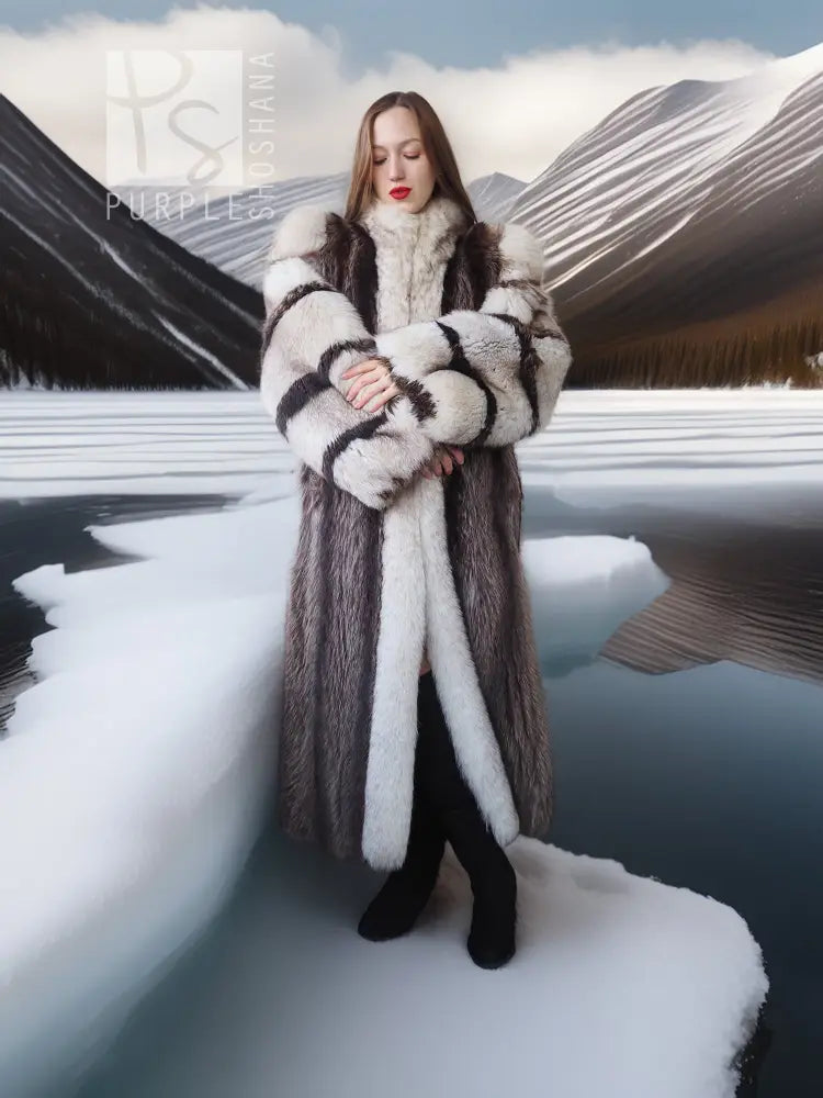 Raccoon fur coat with fox-trim collar, long striped design, belted at the waist