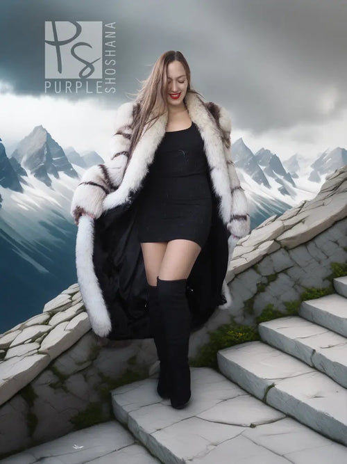 Long raccoon fur coat with fox trim and striped black-and-white fur panels