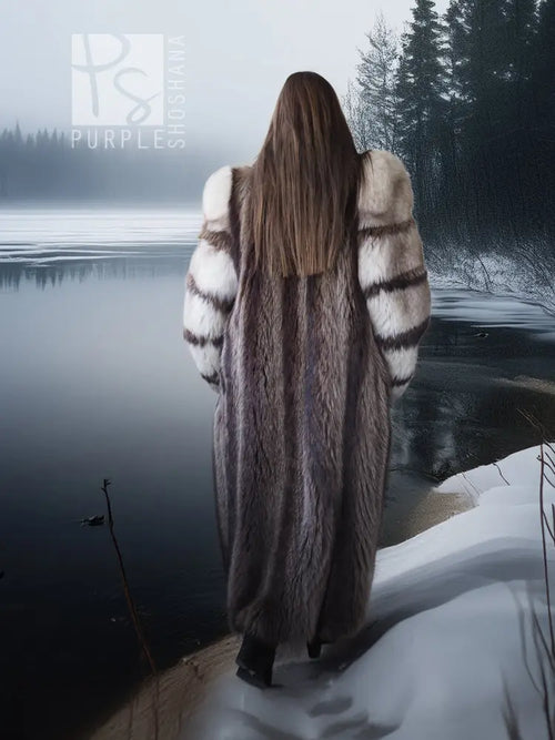 Back view of full-length striped fur coat with fox-trim collar, long sleeves, center seam
