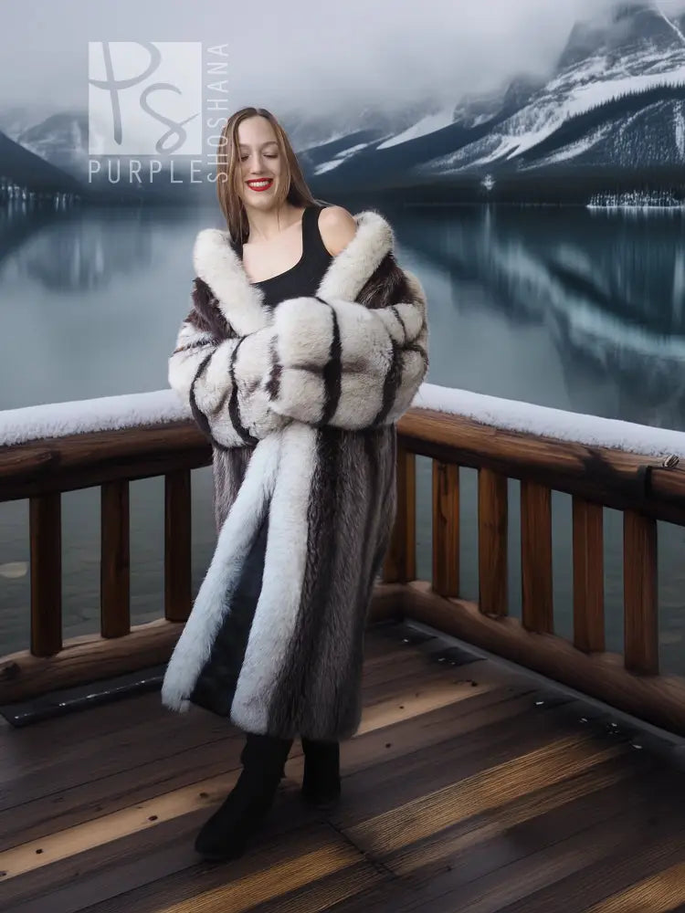 Full-length striped raccoon fur coat with fox-trim collar, long sleeves, open front