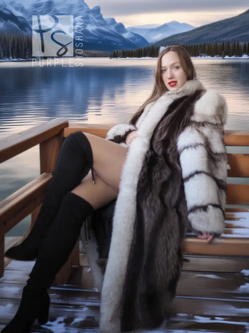 Long striped fur coat with fox-trim collar, seated pose with black boots and thigh-length front