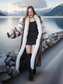 Full-length fur coat with striped white-and-dark fur, open front and draped sleeves
