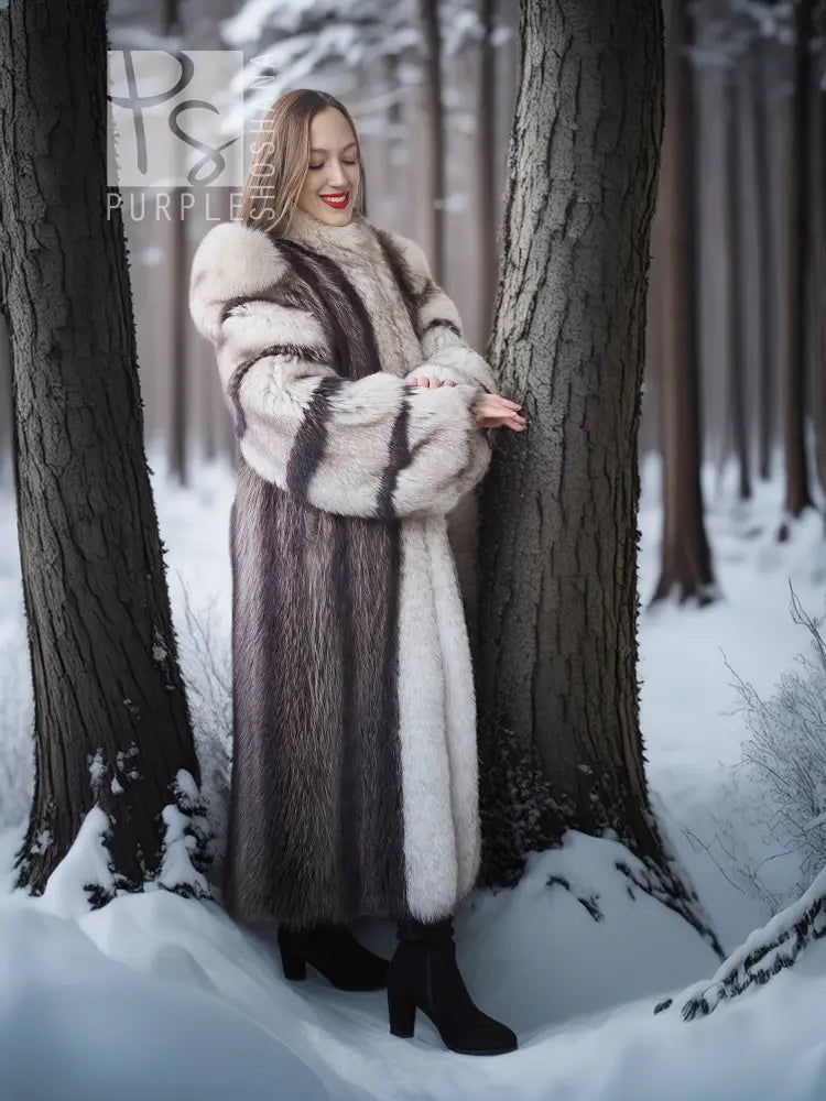 Raccoon fur coat with fox trim, long straight silhouette, and striped black-and-white fur