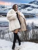 Soft plush fox fur jacket, light cream side view with open front and long sleeves