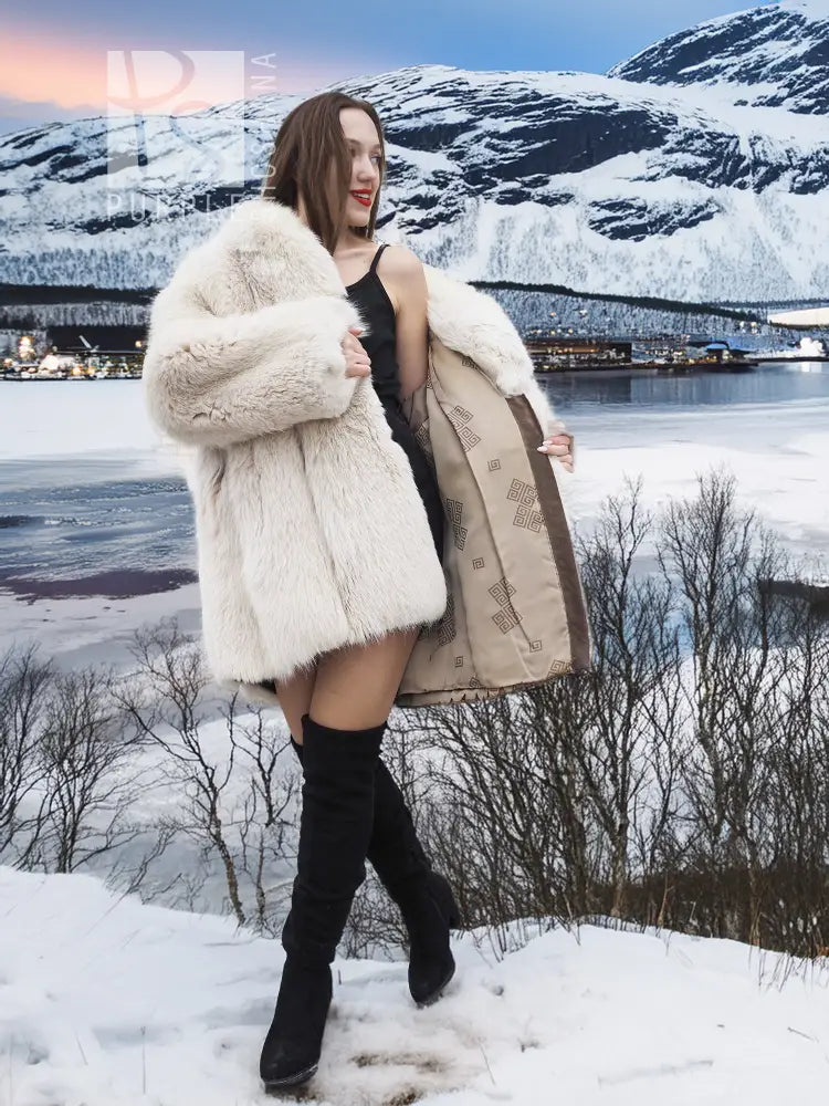 Soft plush fox fur jacket, light cream side view with open front and long sleeves