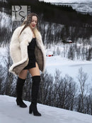 Cream plush fur jacket with side view and draped front silhouette