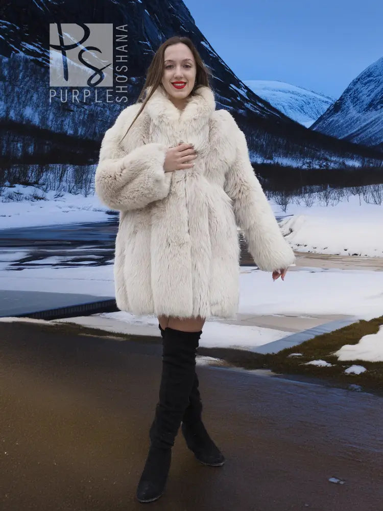 Soft plush fur jacket, full-length style with side pockets and long sleeves.