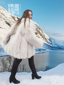 Soft plush fox fur jacket, light cream back view with flared shoulders