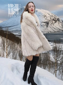 Soft plush fur jacket with long sleeves and open front, knee-length style.