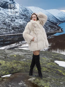 Soft plush fur jacket with wide collar, long sleeves, and straight hem.
