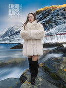 Cream plush fur jacket with open front design and fluffy collar