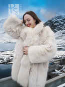 Soft plush fur jacket with full sleeves and stand collar, open front.