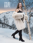 Soft plush fox fur jacket, light cream with wide open-front and large sleeves