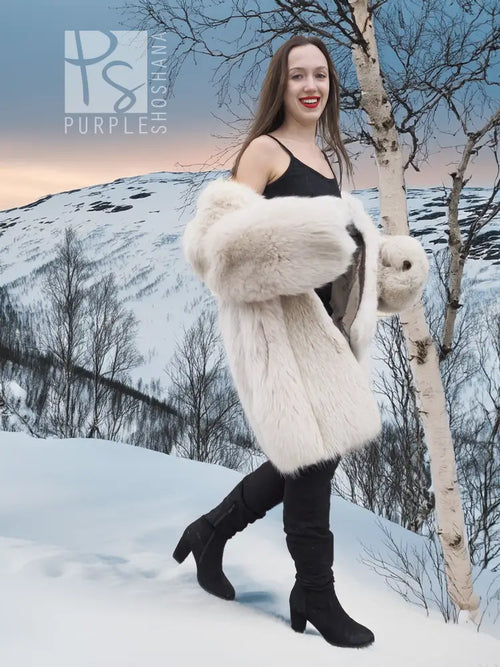 Soft plush fox fur jacket, light cream with wide open-front and large sleeves