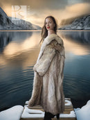 Vintage coyote fur coat with shawl collar, long sleeves, tan fur, full-length view