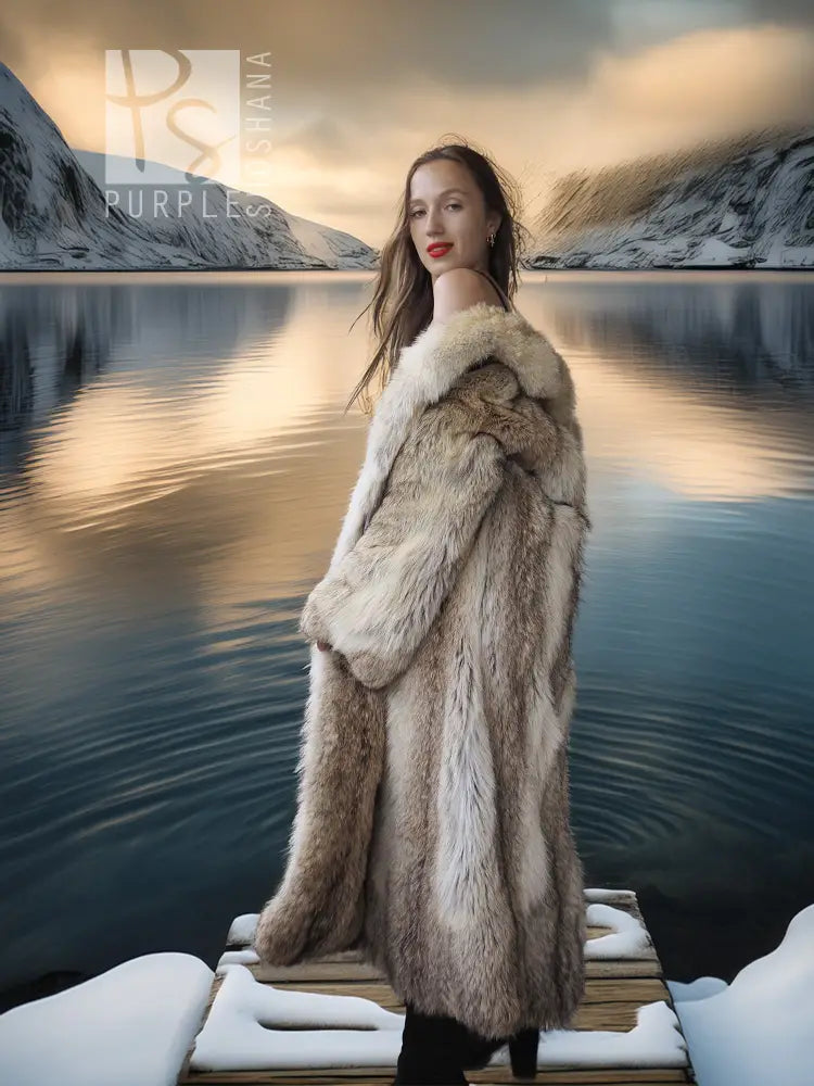 Vintage coyote fur coat with shawl collar, long sleeves, tan fur, full-length view