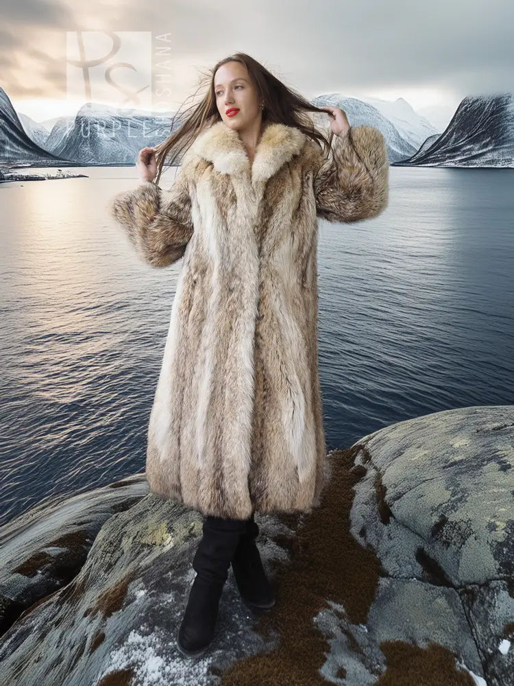 Vintage coyote fur coat with shawl collar, open front, long sleeves, front view