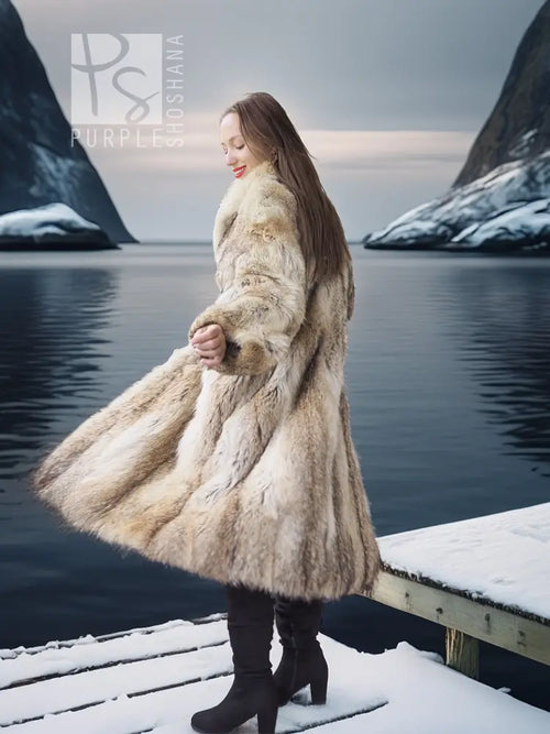 Vintage coyote fur coat with shawl collar, long sleeves, textured tan fur, side profile