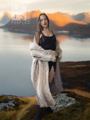Vintage coyote fur coat with shawl collar, long sleeves, open front, cream color