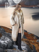 Vintage coyote fur coat with shawl collar, open front, long sleeves, full length