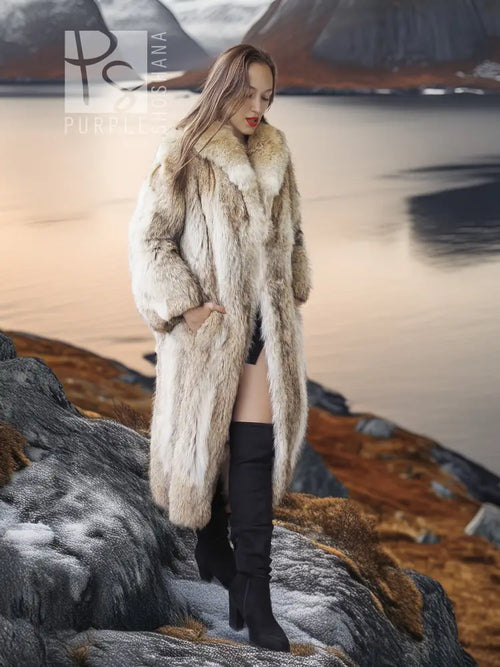Vintage coyote fur coat with shawl collar, open front, long sleeves, full length