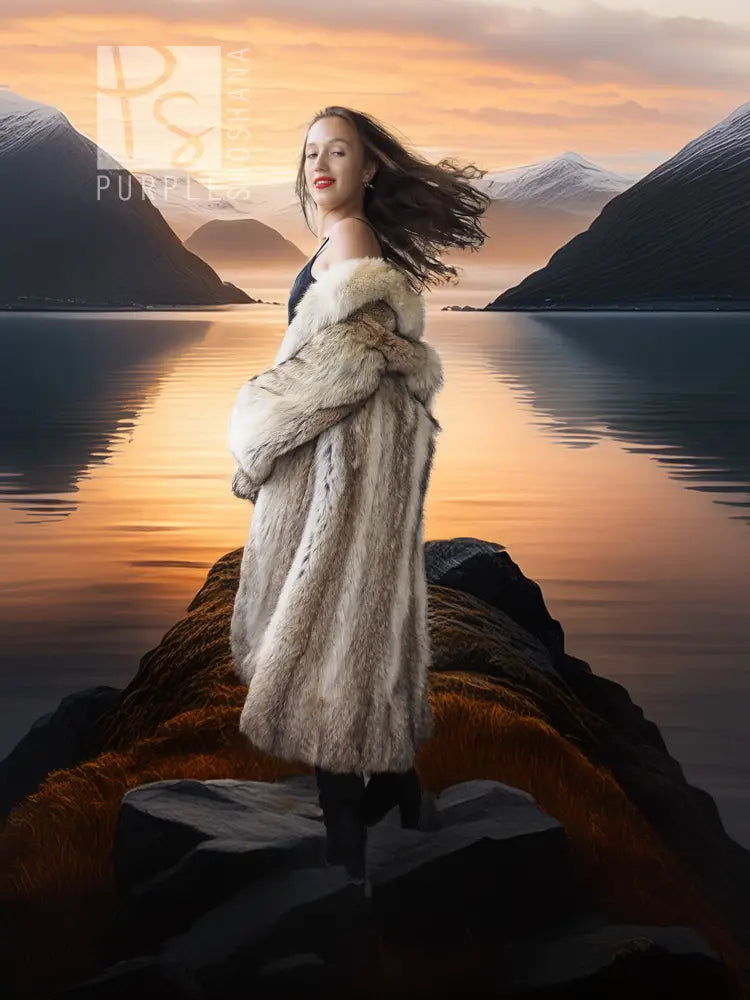 Solstice Flame - Vintage Coyote Fur Coat With Shawl Collar Size S