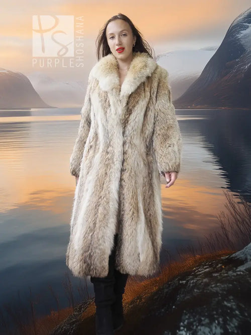 Cream coyote fur coat with shawl collar, long sleeves, open front, full-length silhouette