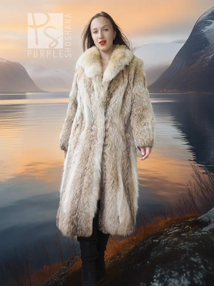 Cream coyote fur coat with shawl collar, long sleeves, open front, full-length silhouette