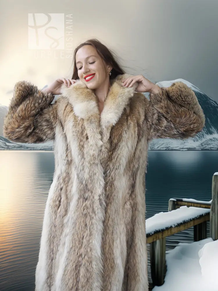 Vintage coyote fur coat with wide shawl collar, long sleeves, tan fur, open front