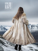 Vintage coyote fur coat with shawl collar, open front, long sleeves, back view