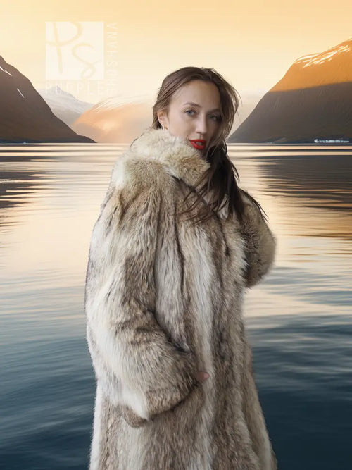 Vintage coyote fur coat with shawl collar, textured tan fur, close-up front