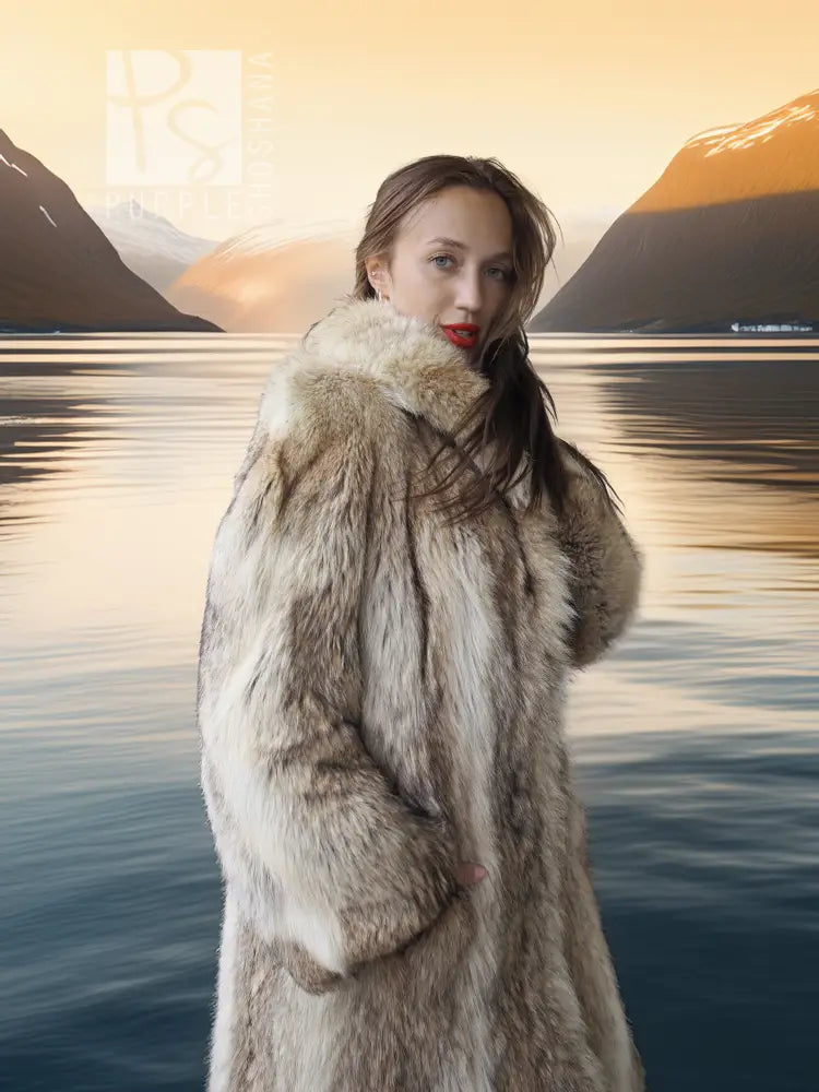 Vintage coyote fur coat with shawl collar, textured tan fur, close-up front
