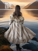 Vintage coyote fur coat with shawl collar, open front, long sleeves, side back view