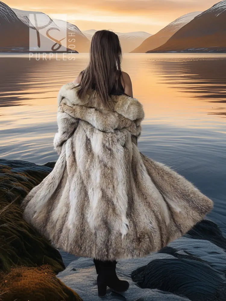 Vintage coyote fur coat with shawl collar, open front, long sleeves, side back view