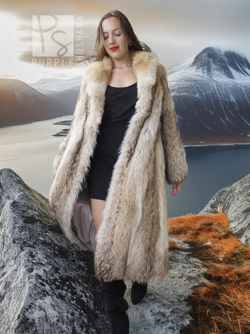 Vintage coyote fur coat over black dress, open front, wide shawl collar, tan fur