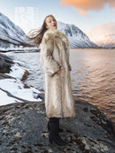 Vintage coyote fur coat with shawl collar, open front, long sleeves, standing view
