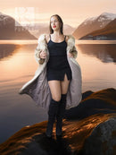 Tan coyote fur coat with shawl collar, long sleeves, open front, side-drape hem