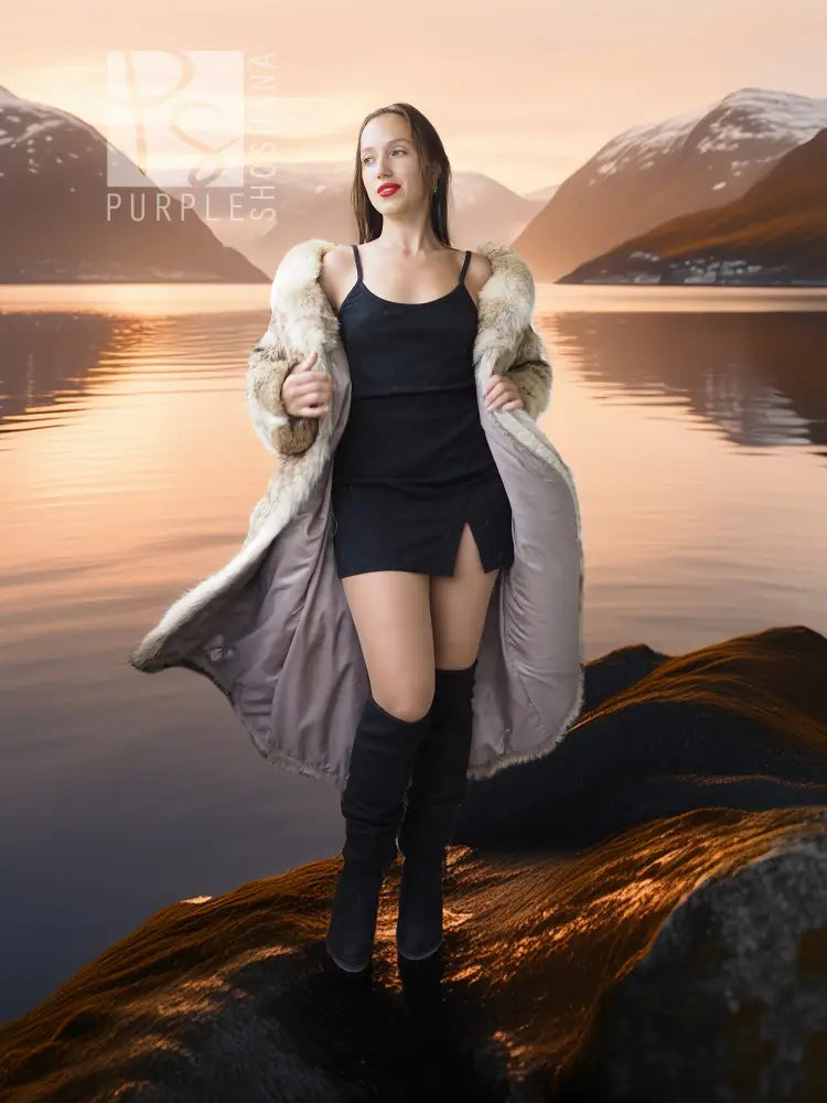 Tan coyote fur coat with shawl collar, long sleeves, open front, side-drape hem