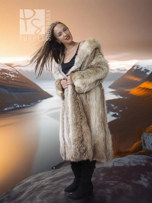 Tan coyote fur coat with shawl collar, long sleeves, open front, front fur panel